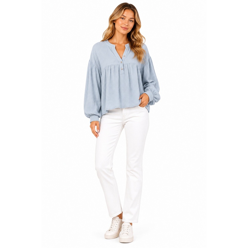 Zara Blouse Womens Small Light Blue Swiss Dot Peplum High Low‎ Boho Snap Button